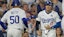 Los Angeles Dodgers designated hitter player Shohei Ohtani (17) celebrates with shortstop Mookie Betts (50)