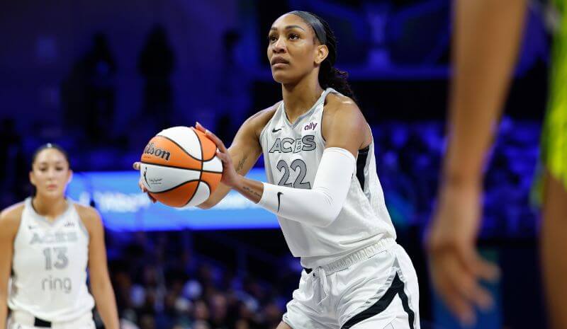 Las Vegas Aces center A'ja Wilson (22) shoots a free throw.