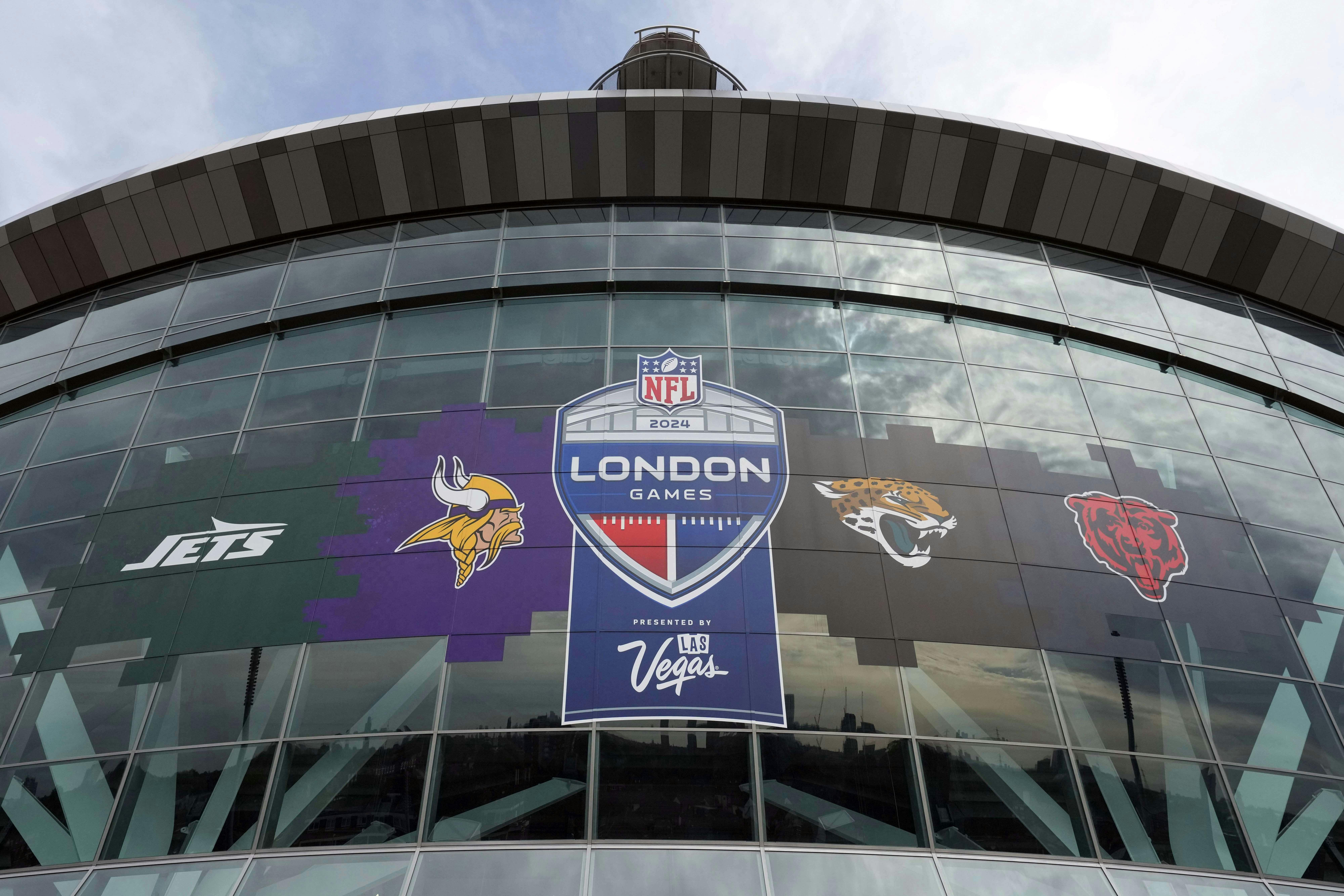 The 2024 NFL London Games, New York Jets, Minnesota Vikings, Jacksonville Jaguars and Chicago Bears logo on the facade at an NFL International Series game at Tottenham Hotspur Stadium. Mandatory Credit: Kirby Lee-Imagn Images