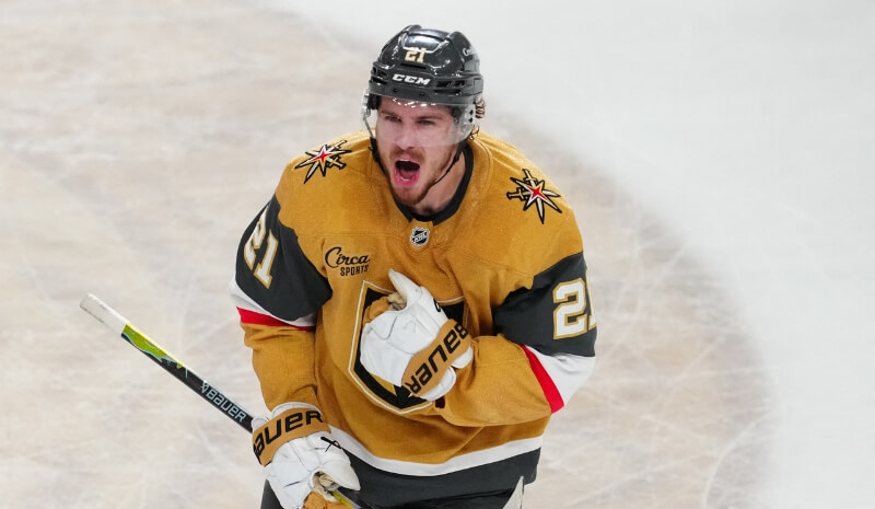 Vegas Golden Knights center Brett Howden (21) celebrates scoring.
