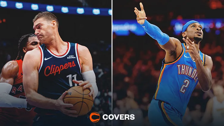 Clippers vs. Thunder prediction. Custom image of Brook Lopez and Shai Gilgeous-Alexander.