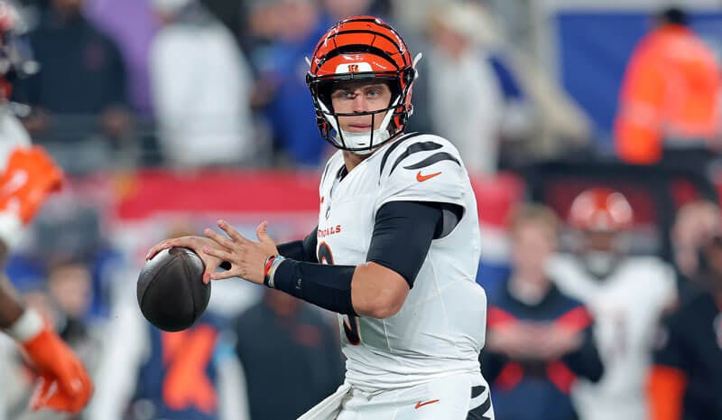 Imagn Images. Pictured: Joe Burrow gets set to throw. 