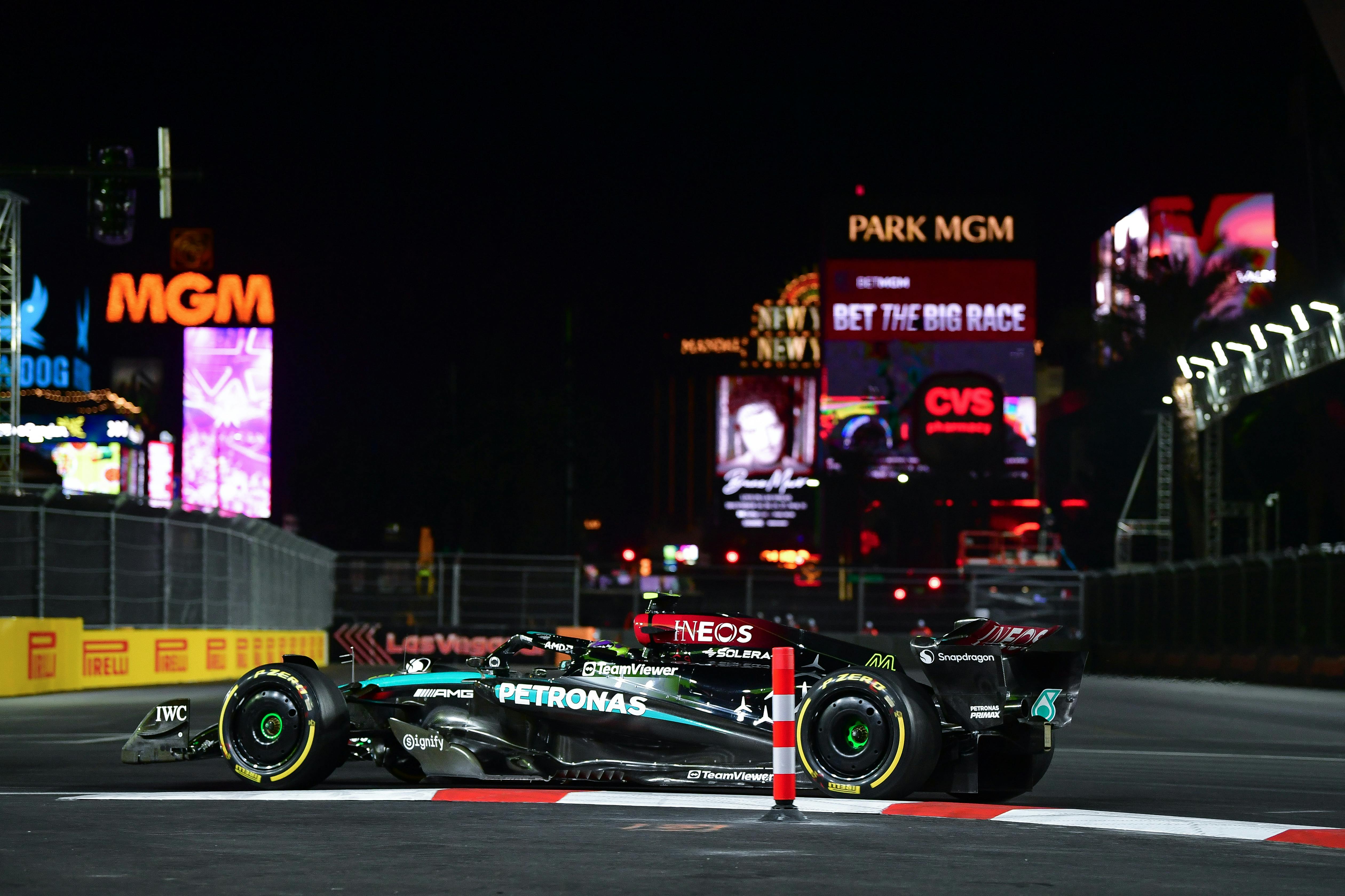 Mercedes AMG Petronas driver Lewis Hamilton (44) during practice for the Las Vegas Grand Prix at Las Vegas Circuit. Mandatory Credit: Gary A. Vasquez-Imagn Images