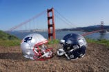 New England Patriots and Seattle Seahawks helmets with the Golden Gate bridge as a backdrop. Kirby Lee-Imagn Images