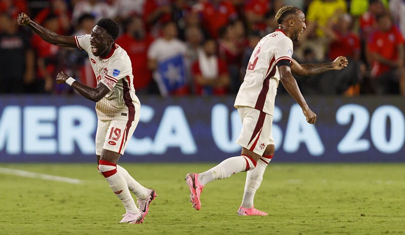 Canada defender Alphonso Davies (19) and defender Derek Cornelius (13) celebrate a goal that was called offside during the second half at Inter&Co Stadium. Mandatory Credit: Morgan Tencza-USA TODAY Sports