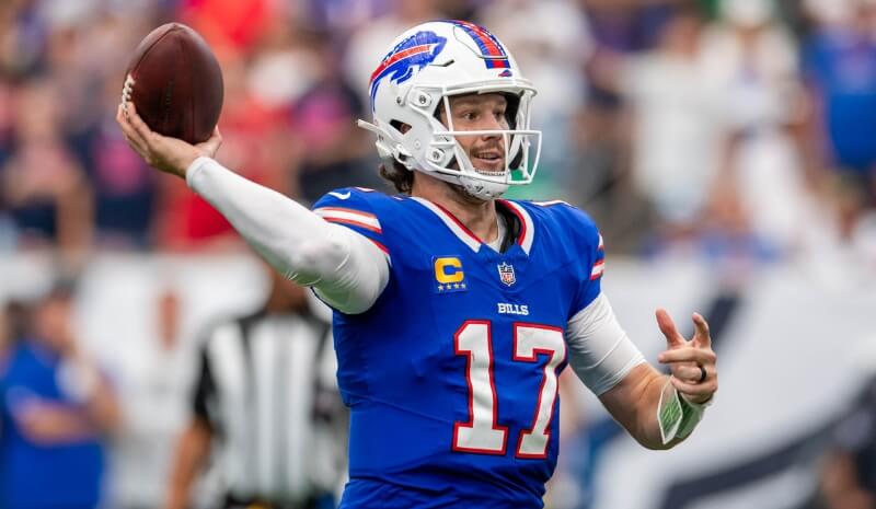 Buffalo Bills quarterback Josh Allen (17) throws a pass during a game.