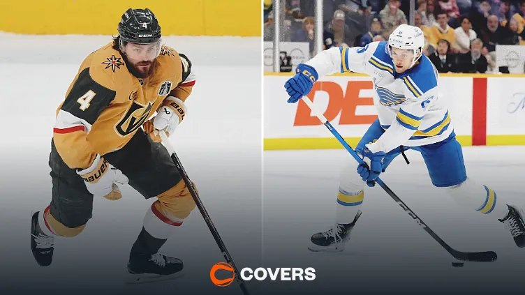 Golden Knights vs. Blues prediction. Custom image of Rasmus Andersson and Philip Broberg.