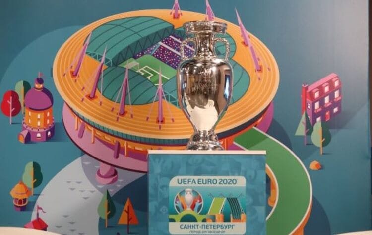 The UEFA Euro 2020 trophy on display.