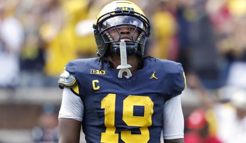  Michigan Wolverines quarterback Bryce Underwood (19) reacts after a touchdown.