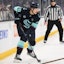 Seattle Kraken right wing Jani Nyman (38) plays the puck.
