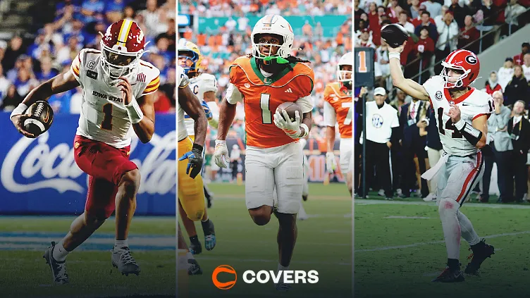College football AI predictions. Custom image featuring Iowa State's Jaylen Raynor (left), Miami's Malachi Toney (middle), and Georgia's Gunner Stockton (right).