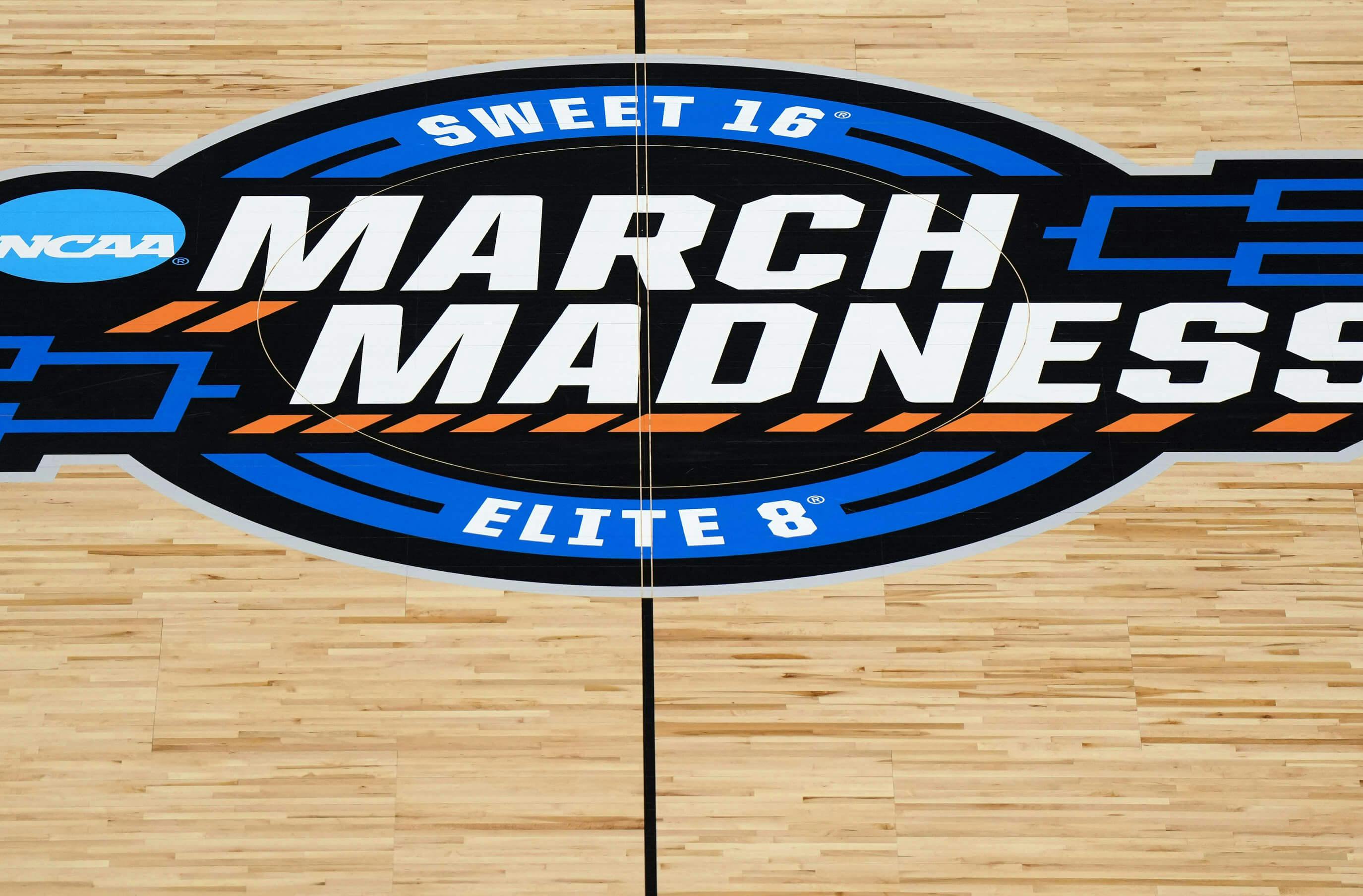A detailed view of the March Madness center court logo during the first quarter between the Virginia Tech Hokies and the Ohio State Buckeyes at Climate Pledge Arena.