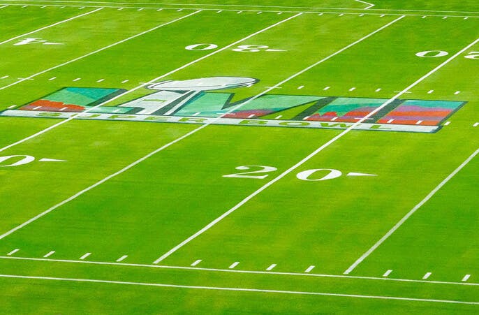 The Super Bowl LVII logo is seen on Jan. 31, 2023, on the field at State Farm Stadium. News Super Bowl Lvii Preparations