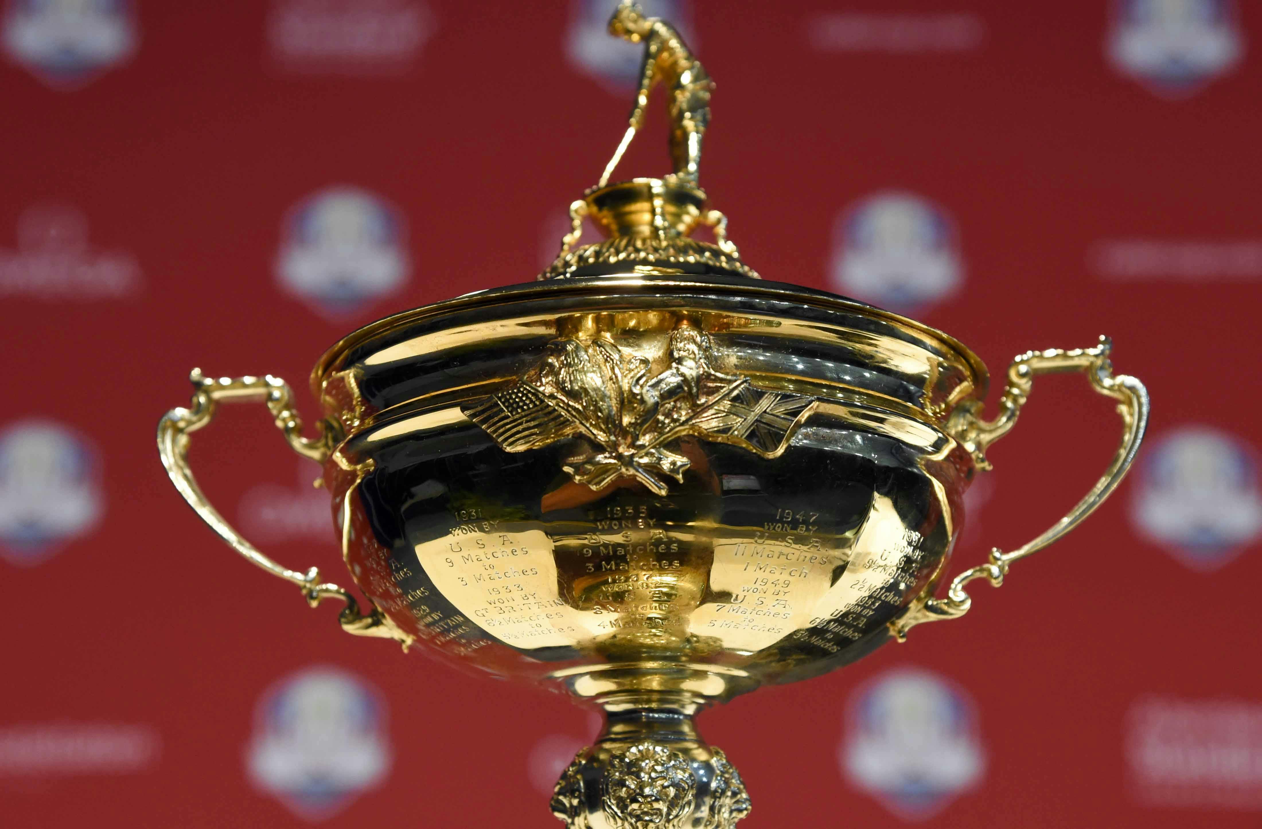 Detail view of the Ryder Cup Trophy during a press conference.