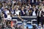 Connecticut Huskies players celebrate after defeating the San Diego State Aztecs in the national championship game of the 2023 NCAA Tournament at NRG Stadium.