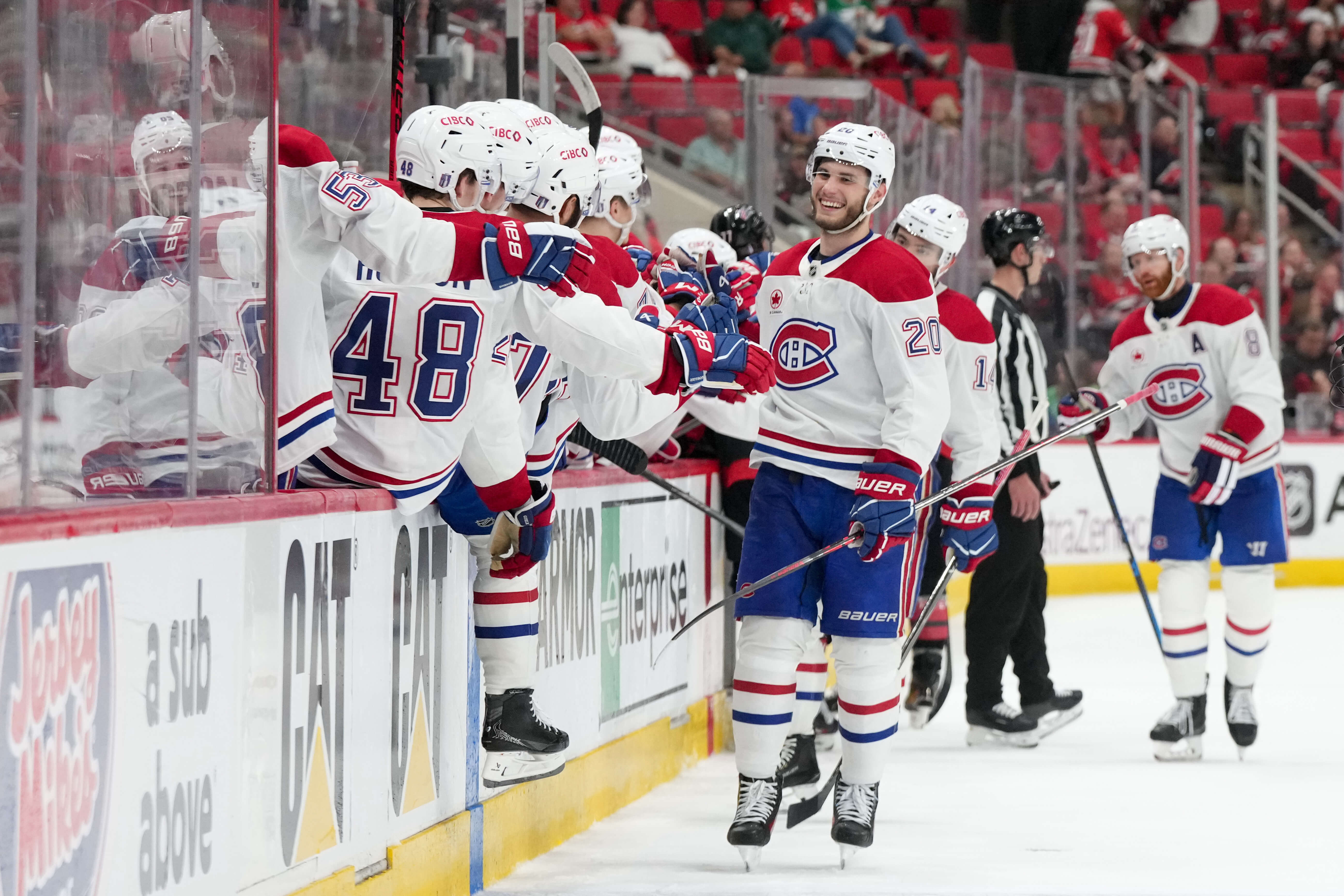 Montreal Canadiens winger Juraj Slafkovsky celebrates a goal.