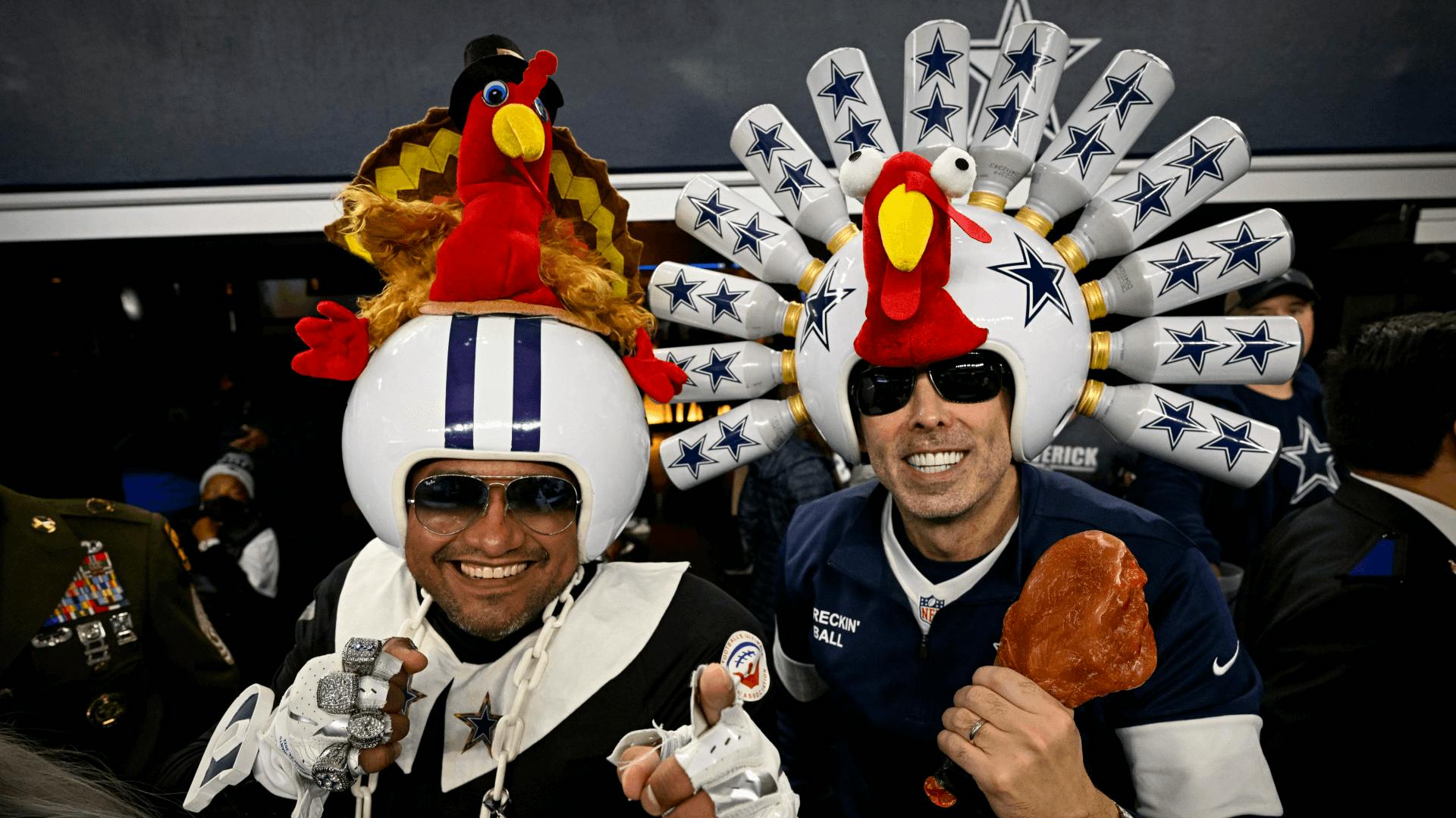 A view of Dallas Cowboys fans in turkey helmets before the game between the Dallas Cowboys and the New York Giants.