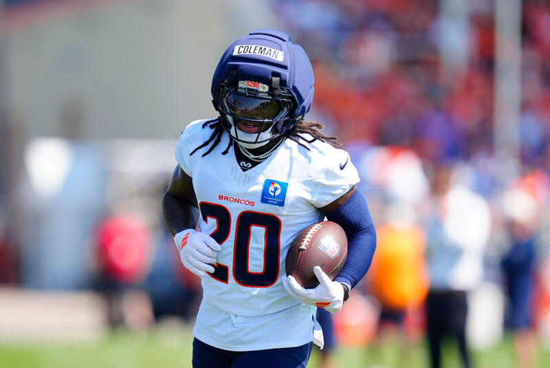 Denver Broncos running back Jonah Coleman (20) during training camp.