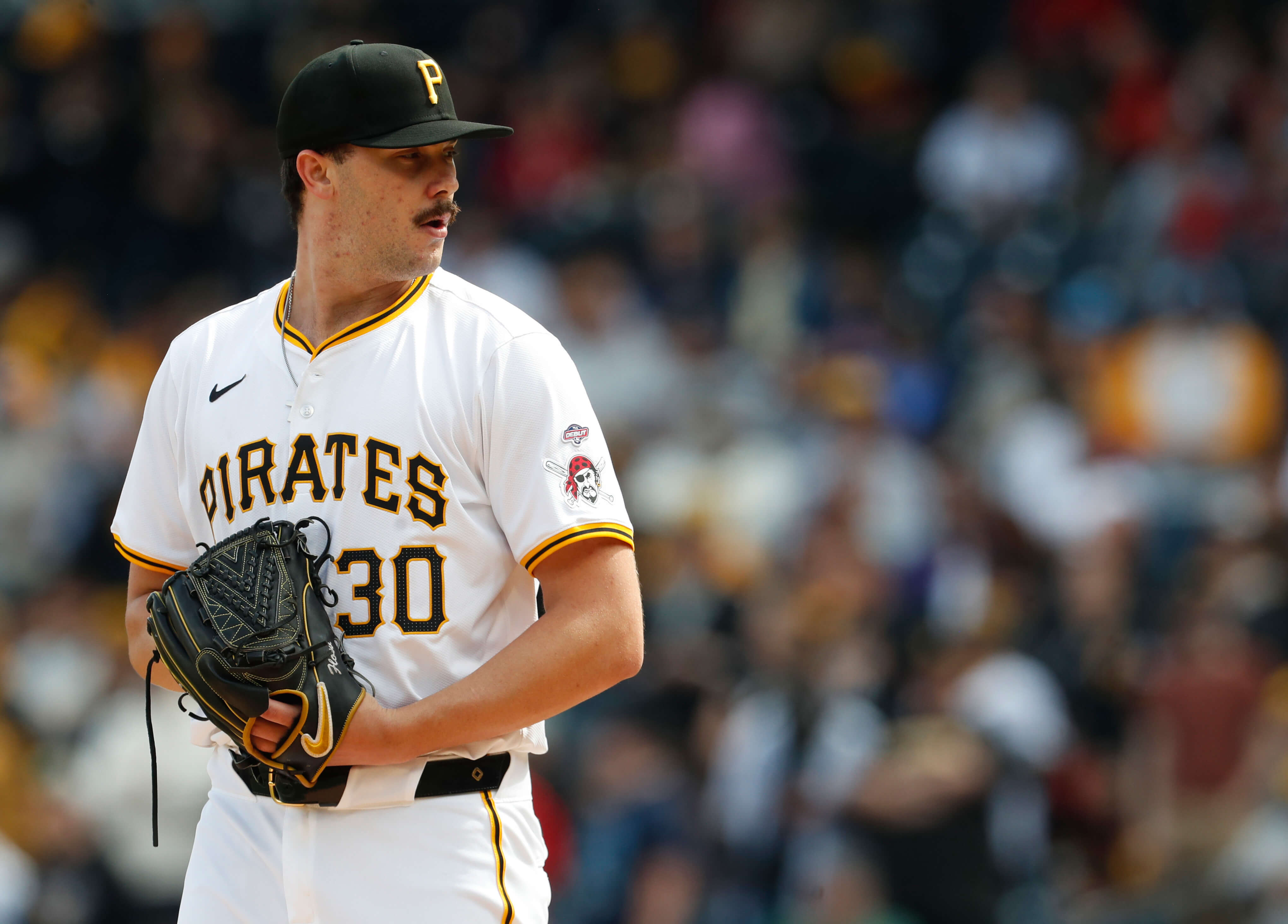 Pittsburgh Pirates starting pitcher Paul Skenes (30) prepares to deliver the first pitch in his major league debut against the Chicago Cubs during the first inning at PNC Park. Mandatory Credit: Charles LeClaire-Imagn Images