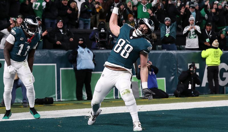 Philadelphia Eagles tight end Dallas Goedert (88) reacts after scoring a touchdown.