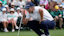 Justin Rose prepares to putt on the 18th green during the second round of the Masters.