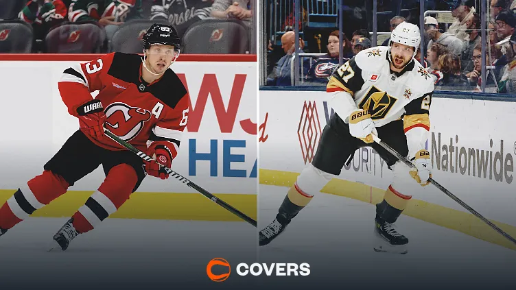 Devils vs Golden Knights Predictions. Jesper Bratt of the New Jersey Devils and Shea Theodore of the Vegas Golden Knights.