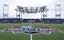 General view of the logo at mid-field at the Tom Benson Hall of Fame Stadium site of the Professional Football Hall of Fame game and Class of 2025 induction ceremonies. Charles LeClaire-Imagn Images
