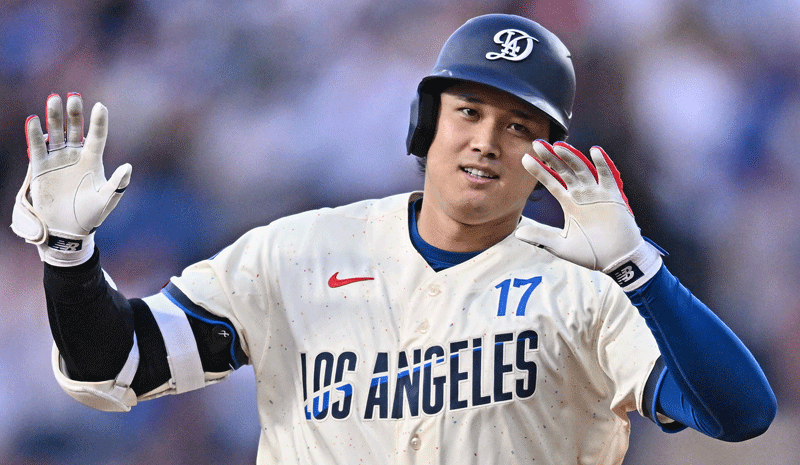 Shohei Ohtani (17) acknowledges the dugout after hitting a two run home run against the Los Angeles Angels.
