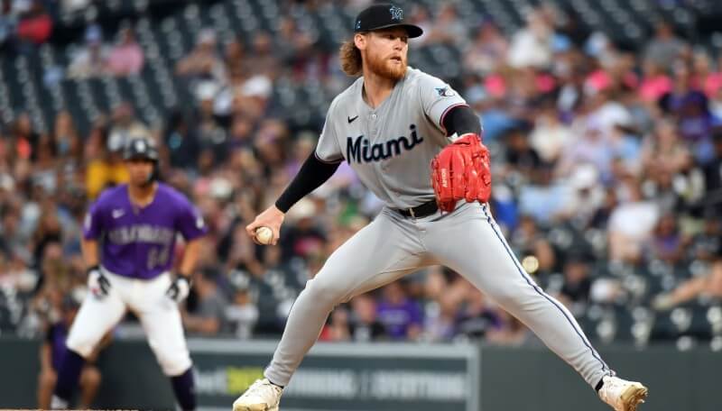 Miami Marlins starting pitcher Max Meyer (23).