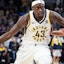 Indiana Pacers forward Pascal Siakam (43) dribbles the ball against Atlanta Hawks guard Trae Young