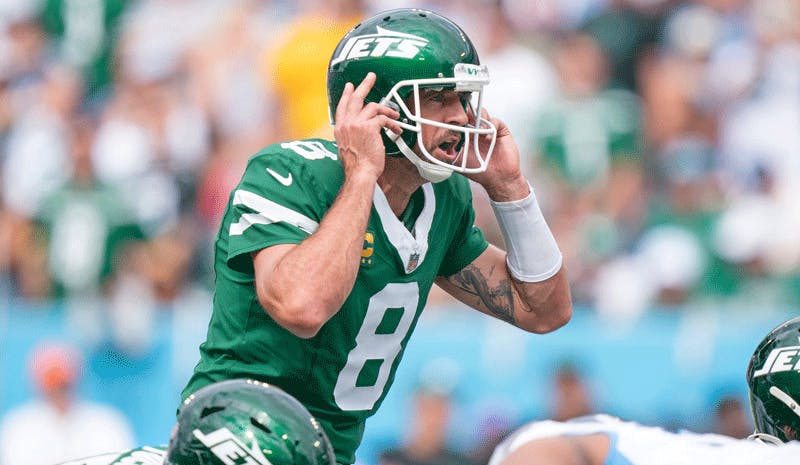 New York Jets quarterback Aaron Rodgers in NFL action.