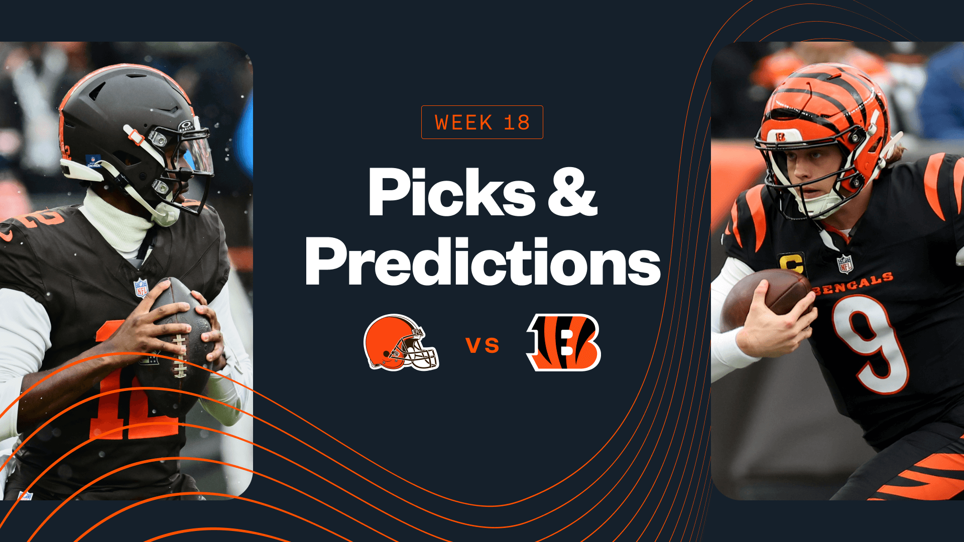 Promo image for Browns vs. Bengals, including Shedeur Sanders and Joe Burrow.