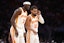 Atlanta Hawks guard Trae Young (11) and guard Caris LeVert (3) discuss strategy against the Miami Heat in the first half at Kaseya Center. Mandatory Credit: Jim Rassol-Imagn Images