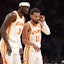 Atlanta Hawks guard Trae Young (11) and guard Caris LeVert (3) discuss strategy against the Miami Heat in the first half at Kaseya Center. Mandatory Credit: Jim Rassol-Imagn Images