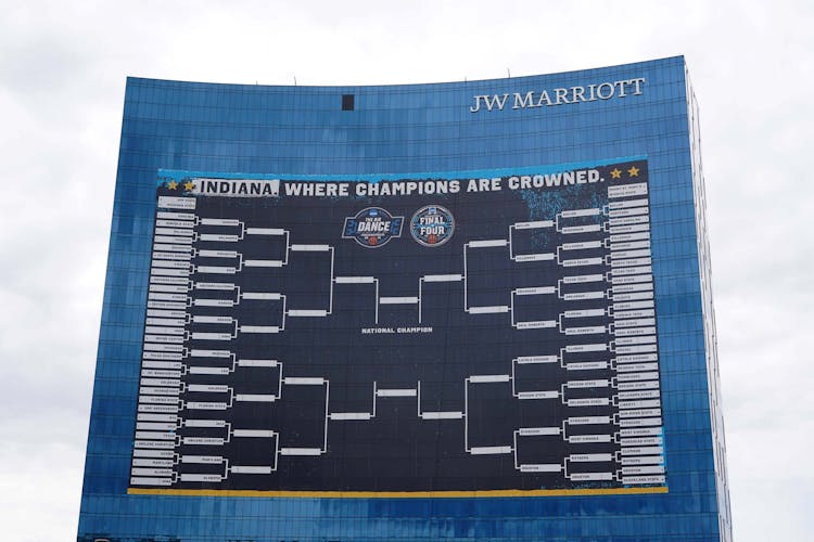 The 2021 Final Four March Madness playoff bracket is displayed on the JW Marriott hotel. Mandatory Credit: Kirby Lee-USA TODAY Sports