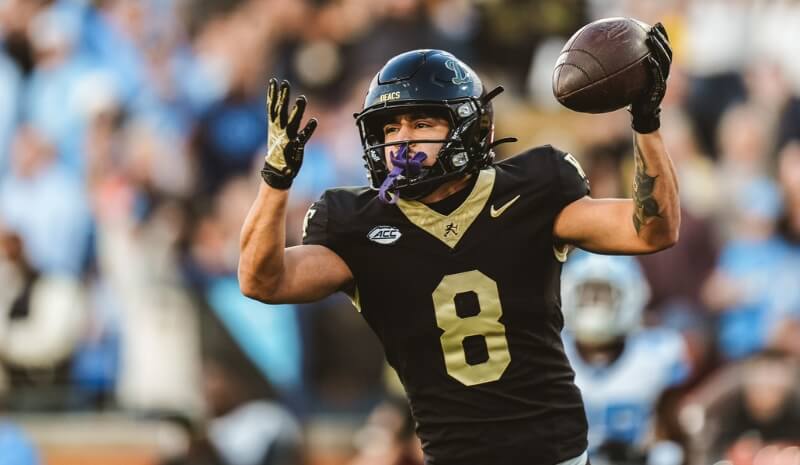 Wake Forest Demon Deacons wide receiver Carlos Hernandez (8) reacts.