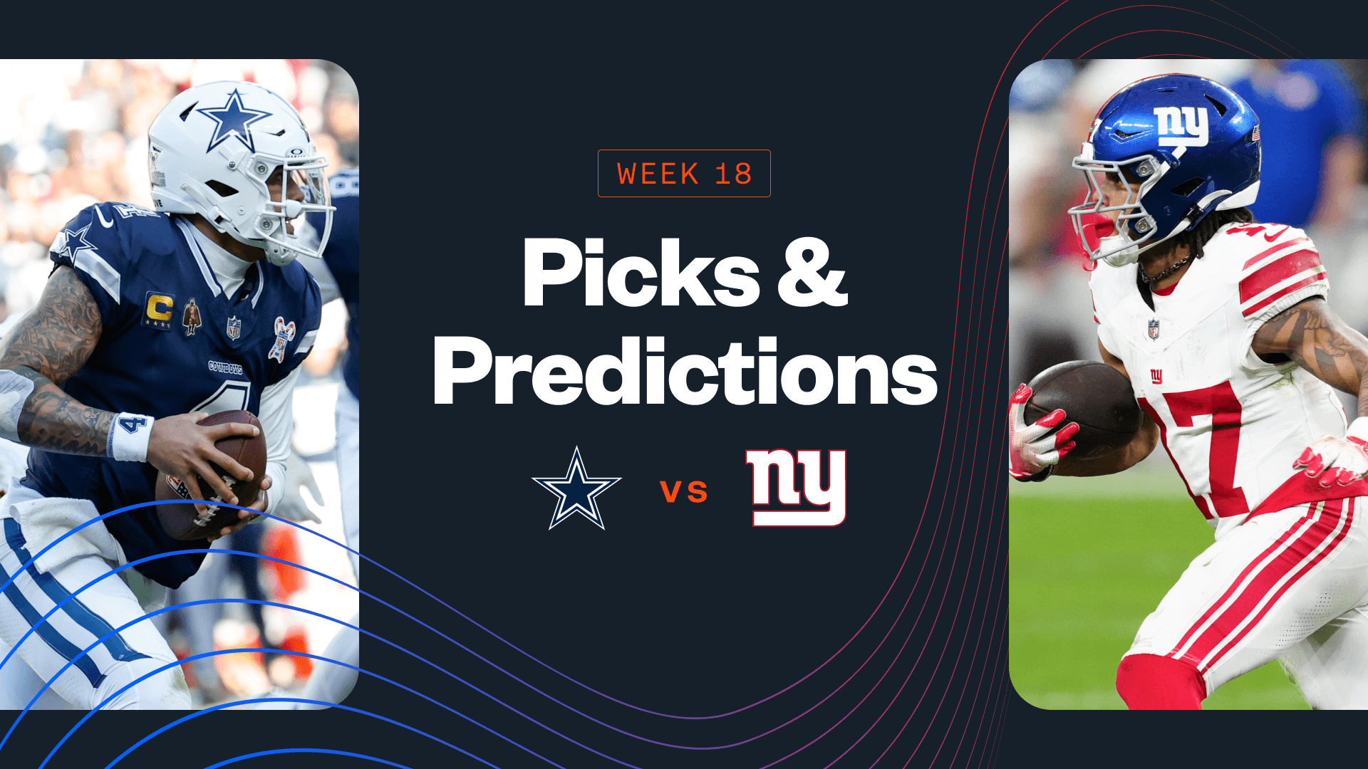 Promo image for Cowboys vs. Giants, including Dak Prescott and Wan'Dale Robinson.