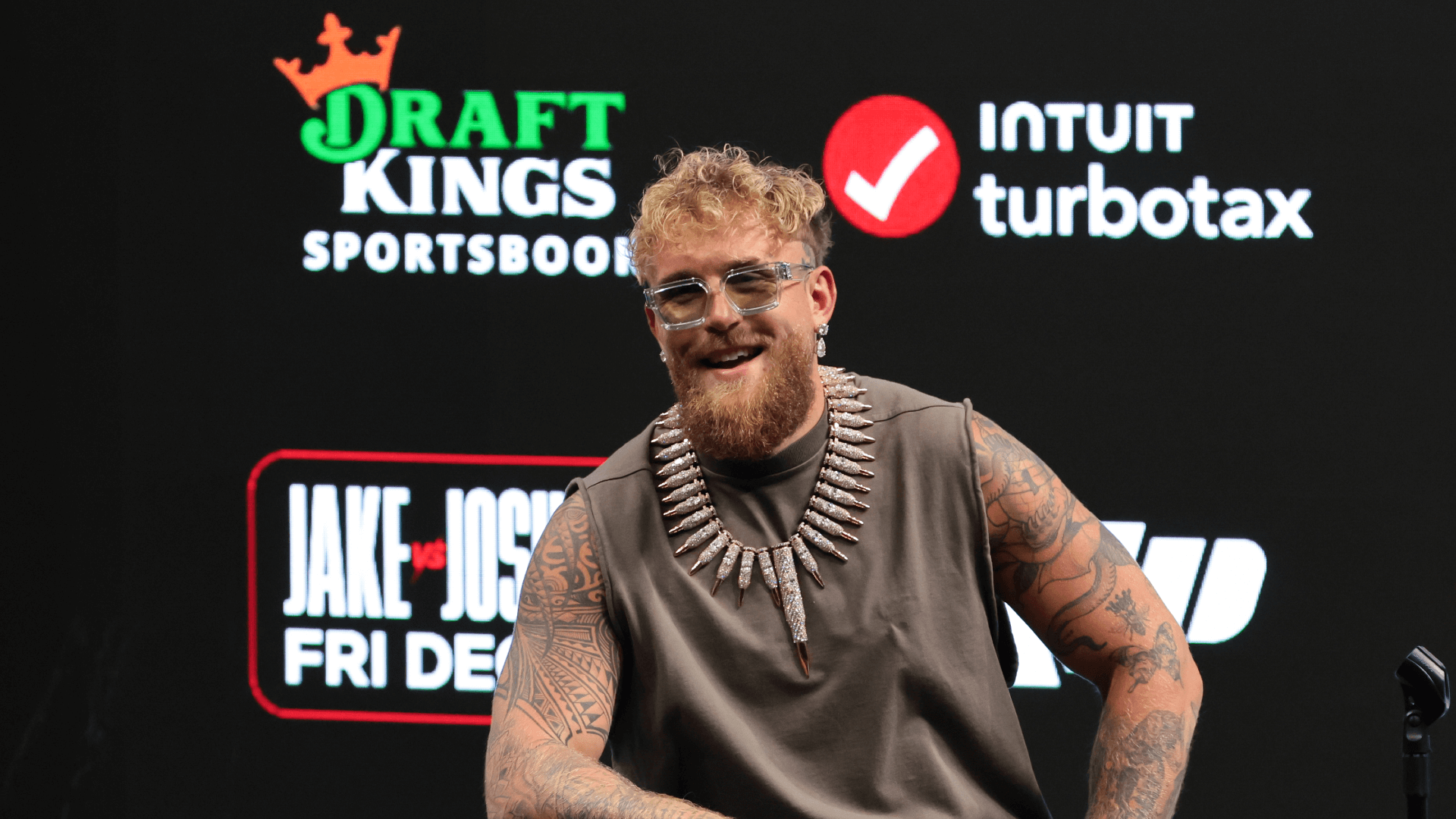 Jake Paul speaks to reporters during a press conference announcing his heavyweight boxing match against Anthony Joshua.