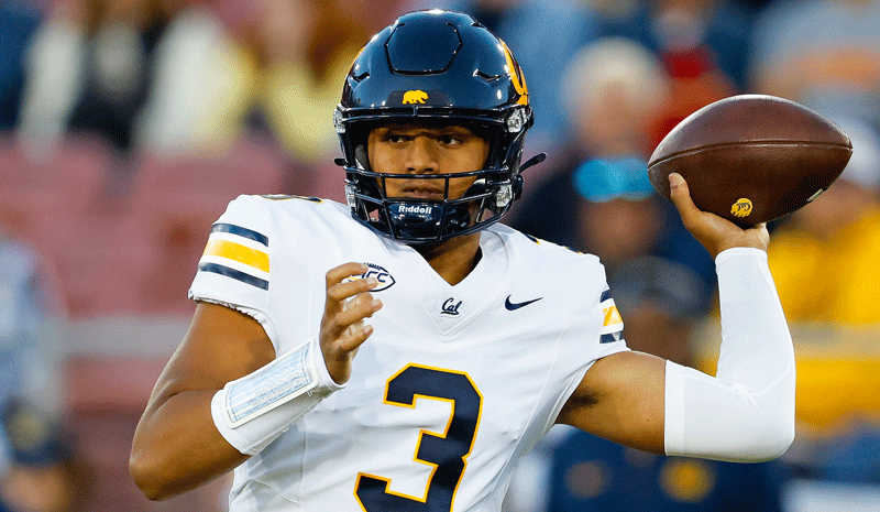 California Golden Bears quarterback Jaron-Keawe Sagapolutele (3) drops back to pass the ball during the first quarter against the Stanford Cardinal at Stanford Stadium.