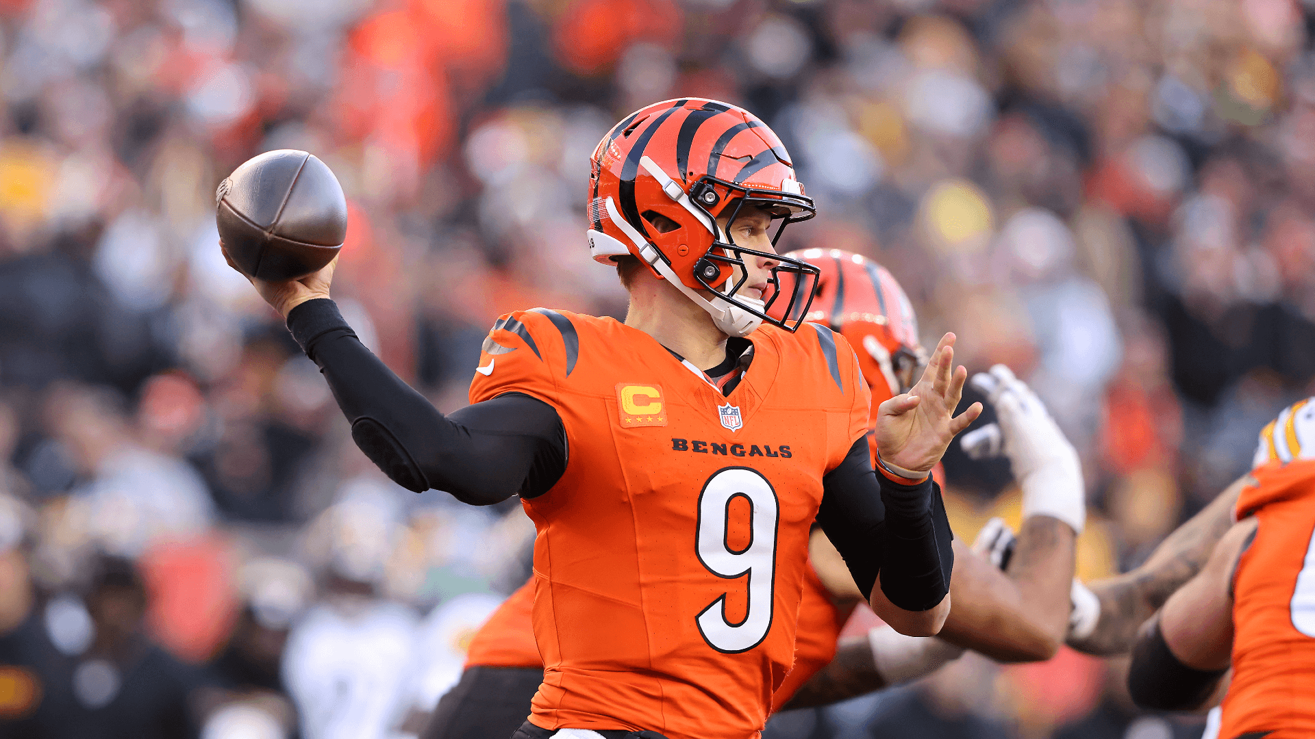 Cincinnati Bengals quarterback Joe Burrow (9) drops to throw during the fourth quarter against the Pittsburgh Steelers.