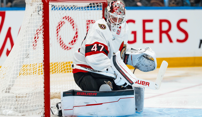 James Reimer (47) in the net against the Vancouver Canucks in the second period at Rogers Arena.