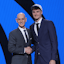 Cooper Flagg poses with NBA commissioner Adam Silver after being selected as first overall by the Dallas Mavericks in the first round of the 2025 NBA Draft.