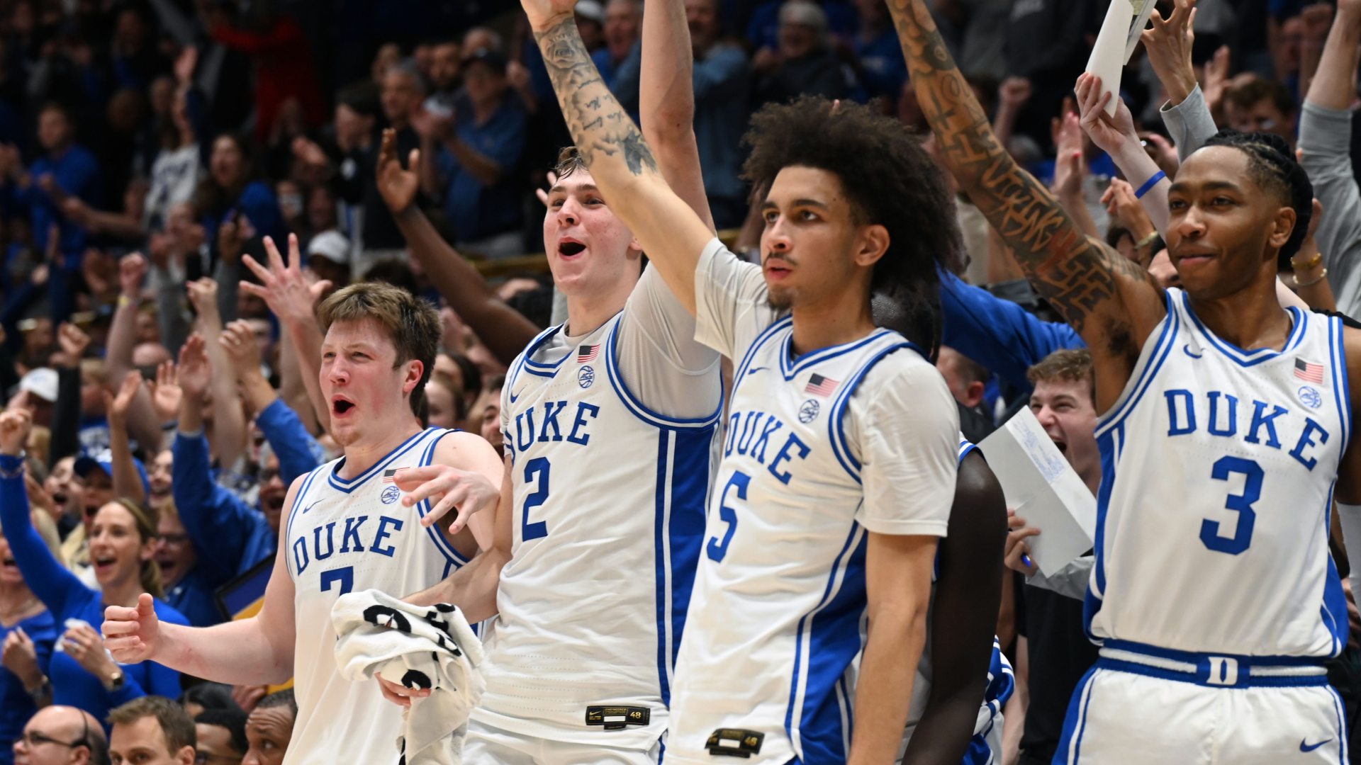 Duke Blue Devils forward Kon Knueppel (7) forward Cooper Flagg (2) guard Tyrese Proctor (5) and forward Isaiah Evans (3) react during the second half against the Wake Forest Demon Deacons.