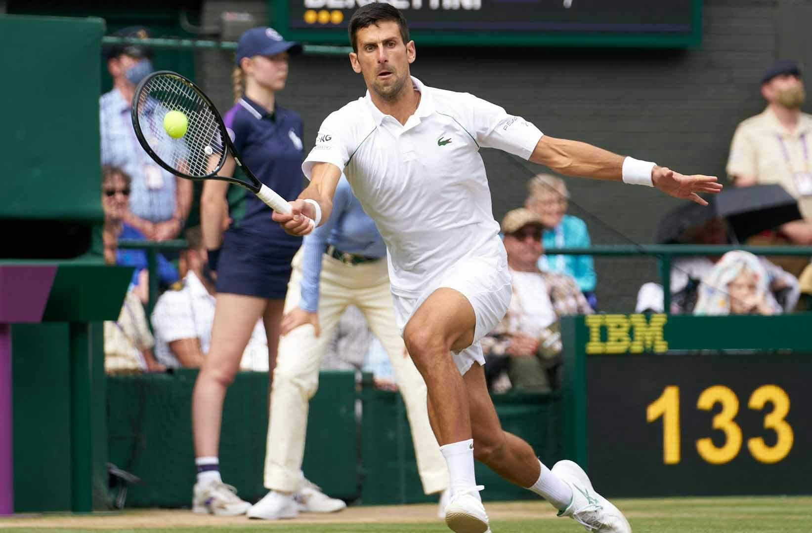 London, United Kingdom; Novak Djokovic (SRB) plays against Matteo Berrettini (ITA) in the men’s final on Centre Court at All England Lawn Tennis and Croquet Club. - USA TODAY Sports