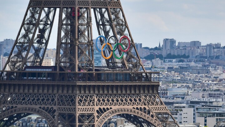Paris Summer Olympics rings at the Eiffel Tower