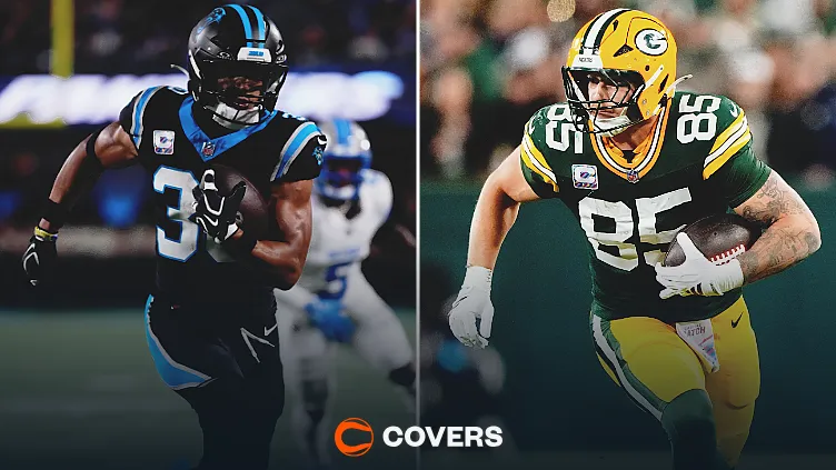 Panthers vs Packers score prediction. Custom image featuring Panthers running back Chuba Hubbard (left) and Packers tight end Tucker Kraft (right).