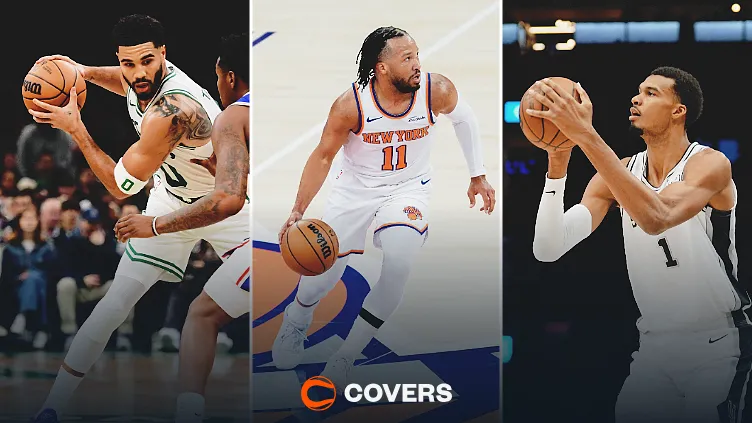 NBA moneyline predictions. Custom image of Jayson Tatum, Jalen Brunson, and Victor Wembanyama.