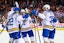 St. Louis Blues center Pius Suter (22) celebrates his goal with teammates against the Calgary Flames during the third period at Scotiabank Saddledome. Sergei Belski-Imagn Images
