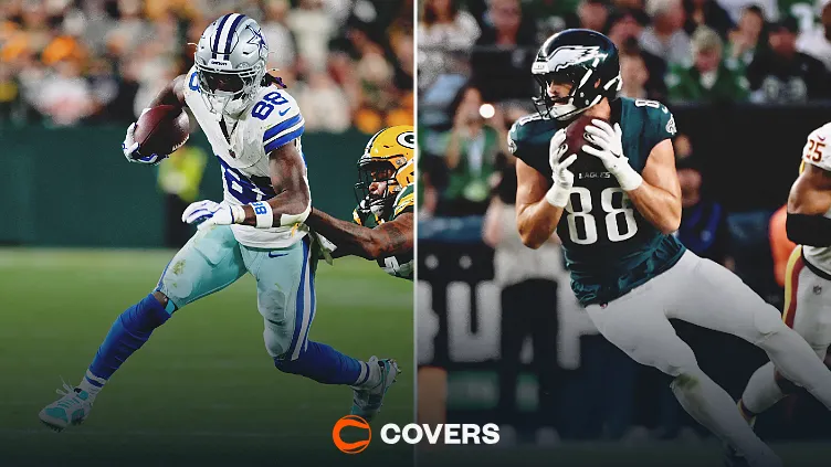 NFL Week 7 odds. Custom image of CeeDee Lamb and Dallas Goedert.