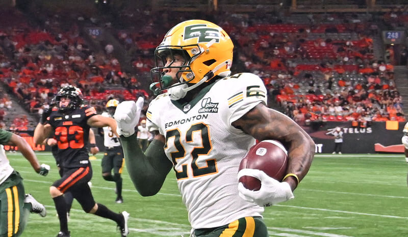 Edmonton Elks running back Javon Leake (22).